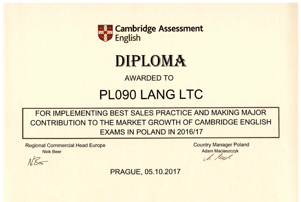 Dyplom dla Centrum Egzaminacyjnego Cambridge English Lang Ltc